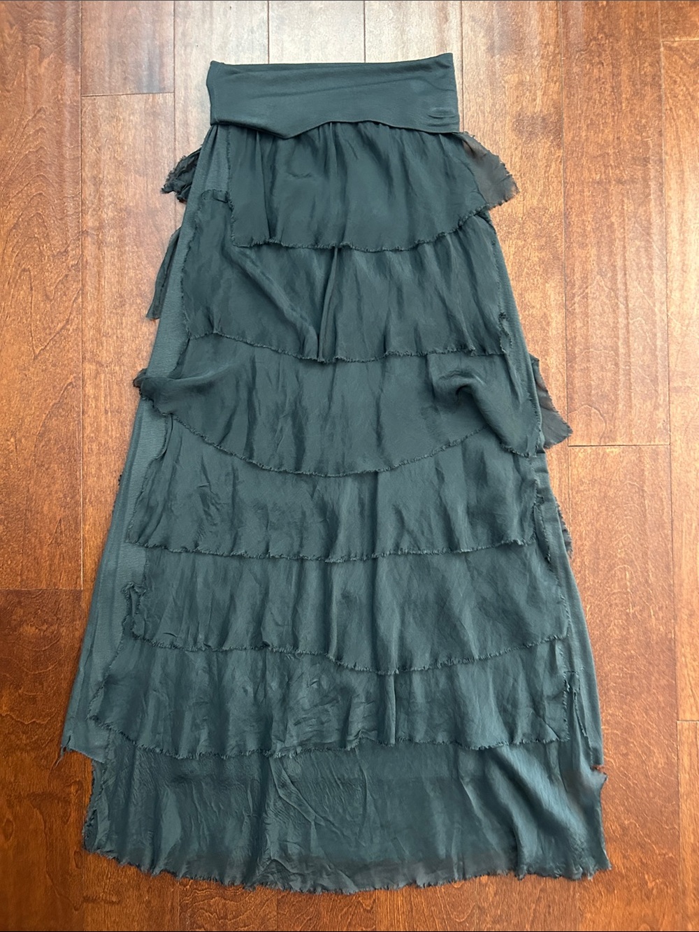 Italian Silk Blend Tiered Maxi Skirt with Flowy Ruffle Layers, Dark Gray, Size M